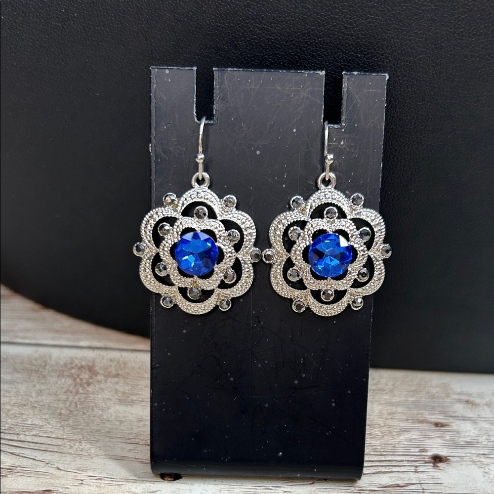 Elegant Silver and Blue Floral Earrings